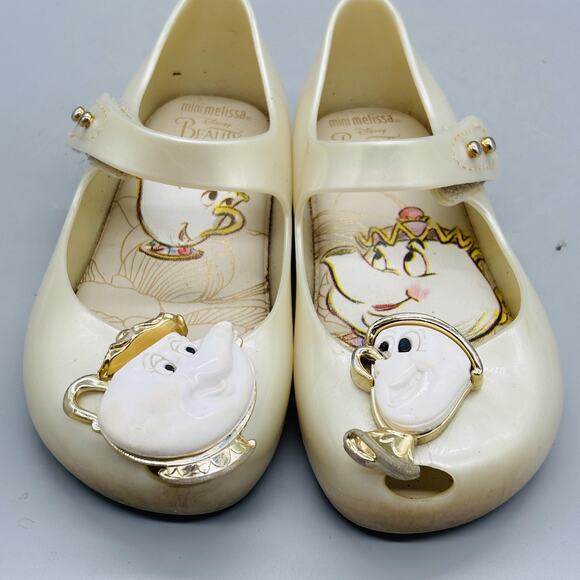 Mini Melissa Shoes Girls 8 White Mary Jane Beauty & Beast Mrs Potts Chip Flats - Picture 3 of 11